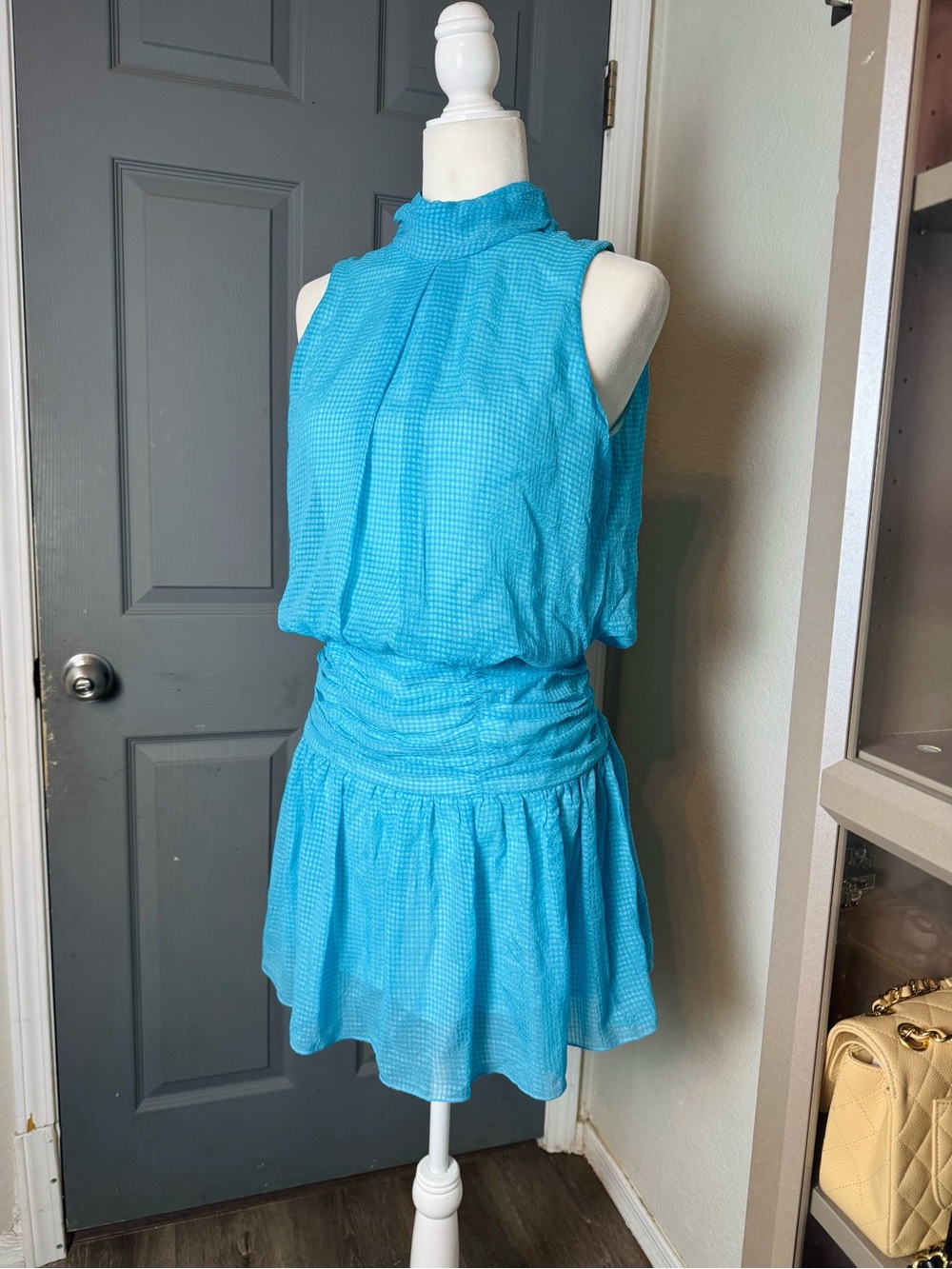 Aqua Blue Mock Neck Sleeveless Mini Drop Waist Dress